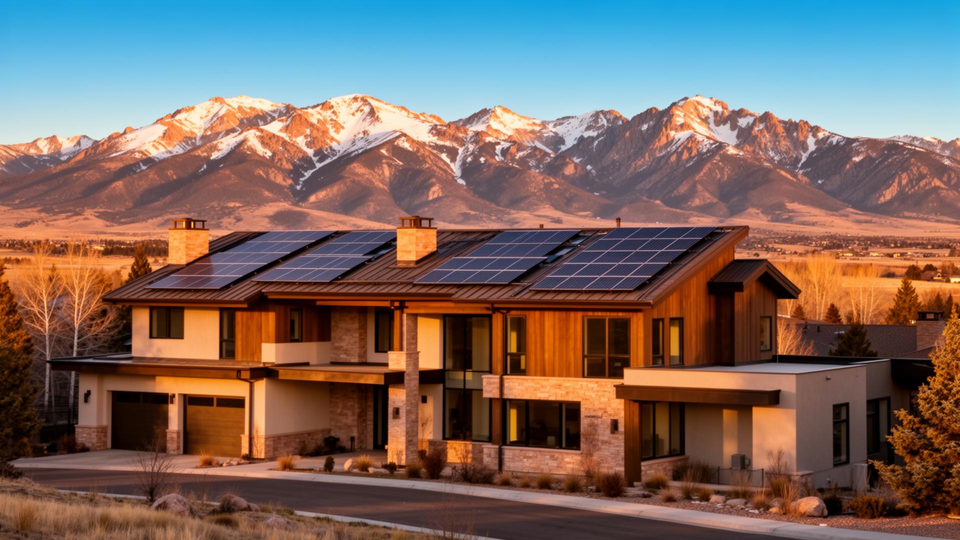 Modern Colorado home with rooftop solar panels and Rocky Mountains